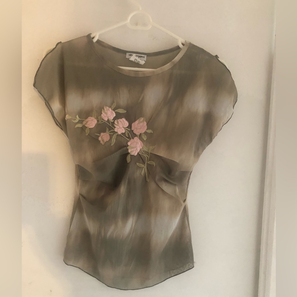 RARE Sharagano Sheer Floral Embroidered нотTop - Pale  Green and Pink, size S